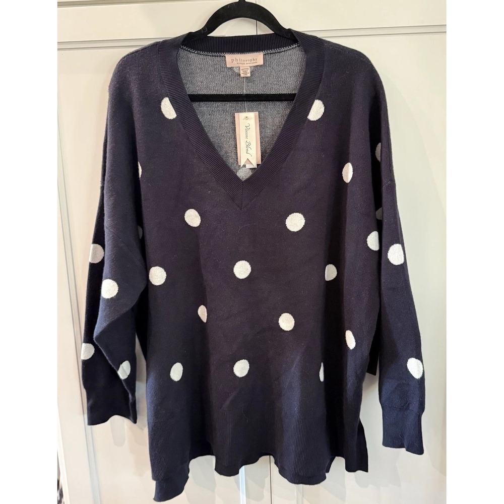 NWT Women's Philosophy Viscose V-Neck Polka Dot Sweater Navy White Size 3XL